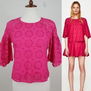 Zara Trafaluc Pink Eyelet Bell Sleeve Top